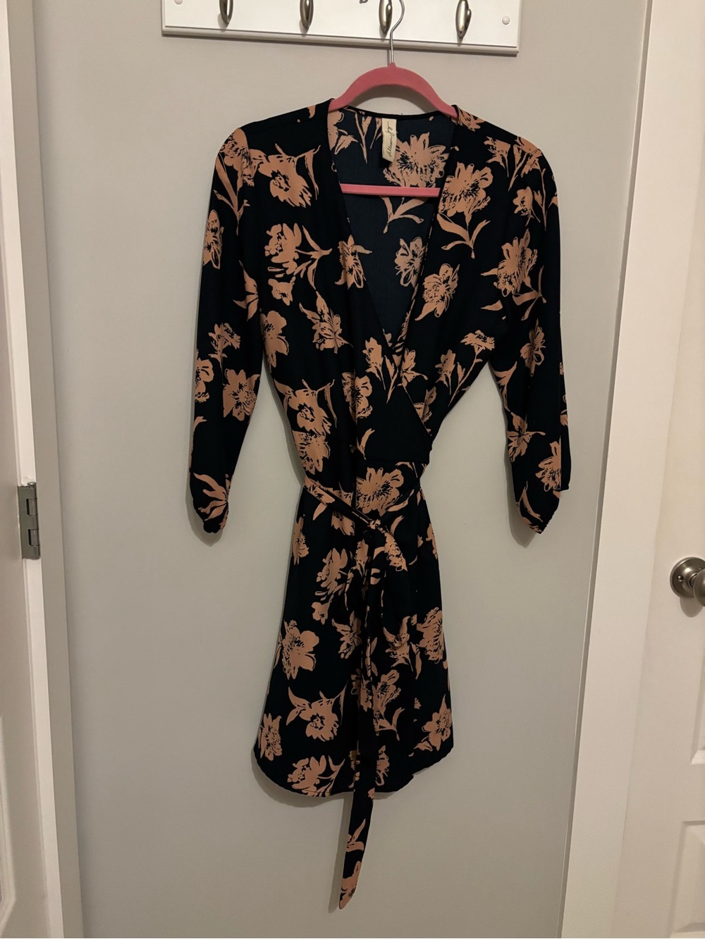 Allison Joy Navy Long Sleeve Wrap Dress with Tan/Pink Floral Print